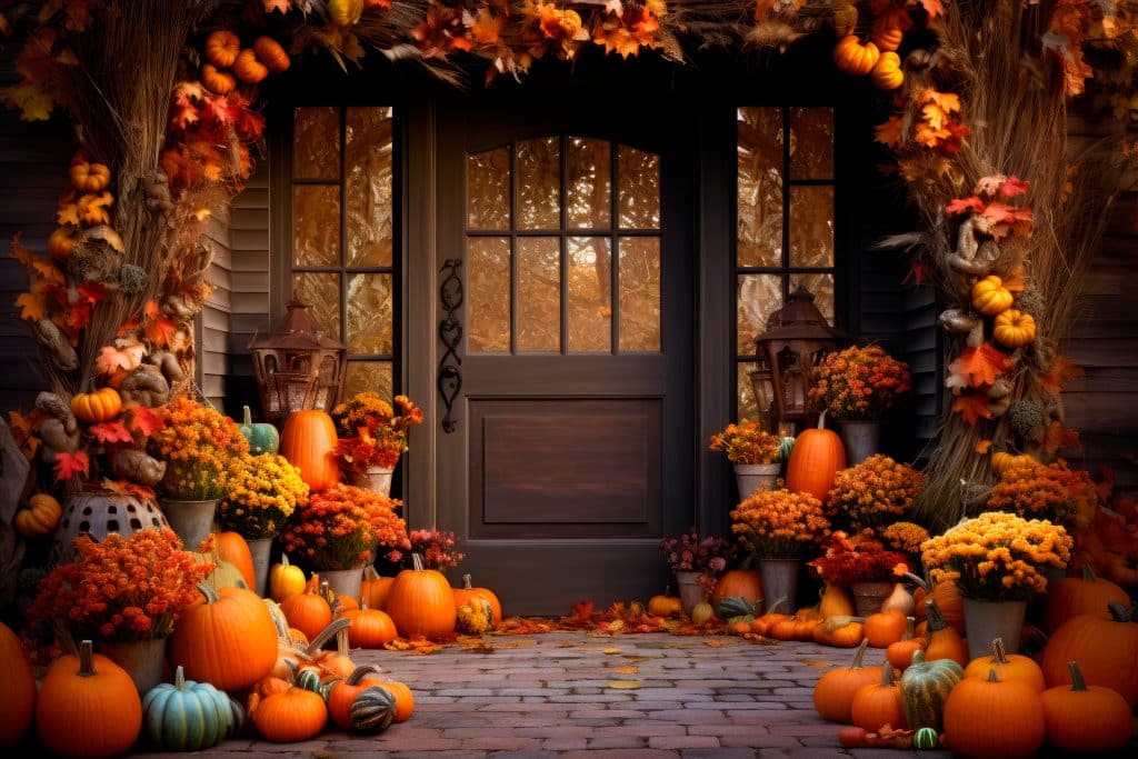 entrance of a house decorated with pumpkins for thanksgiving